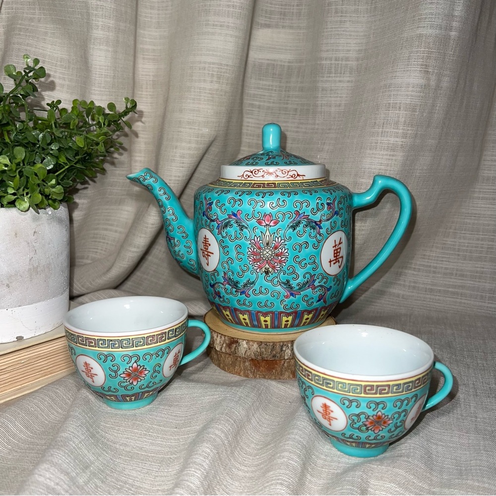 Mun Shou tea set, Famille Rose China Tea Set, Turquoise Pink Floral